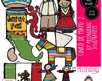 Könnte beinhalten: Ein digitales Illustrationsset mit einem Sombrero, einer Dose mit der Aufschrift Jumping Beans, einer roten Eidechse, einer Mexiko-Karte, einer Bohne, einer Piñata, der mexikanischen Flagge und verschiedenen Figuren. Text: Cinco de Mayo 2 von Melonheadz.