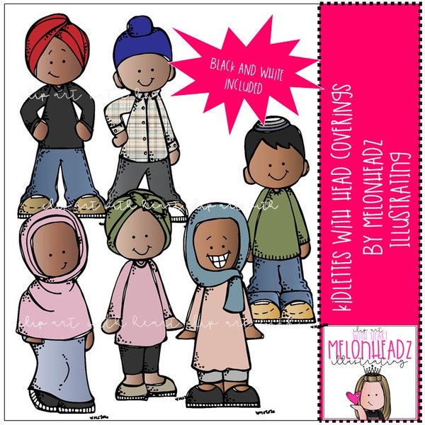 Kidlettes with head coverings clip art - Mini