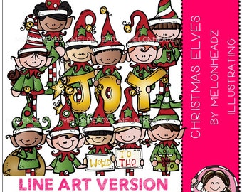 Christmas elves clip art - LINE ART