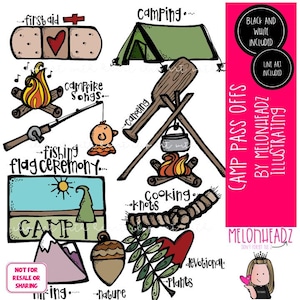 May include: A set of cartoon camping illustrations featuring a tent, campfire, fishing rod, and first aid items. Text includes "Camp", "Camping", and "Fishing". The style is suitable for various craft projects.