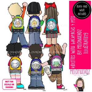 May include: Six children wearing colorful backpacks with animal illustrations. The backpacks have clear plastic windows showing the animal inside. The children are wearing different clothes and have different hairstyles. The text "Kidlettes with Backpacks: Pets" is written in pink on a white background.