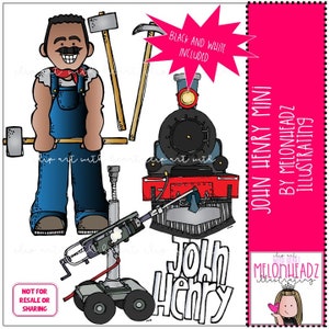 May include: A collection of cartoon illustrations featuring a man with a mustache, tools, and a train. The man wears overalls and holds a hammer. The tools include a pickaxe and a jackhammer. The text "John Henry" is also included.