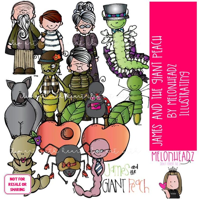 May include: A collection of colorful cartoon illustrations featuring characters from "James and the Giant Peach." The image includes a variety of figures, including a caterpillar, a worm, and peaches. The text "James and the Giant Peach" is visible.