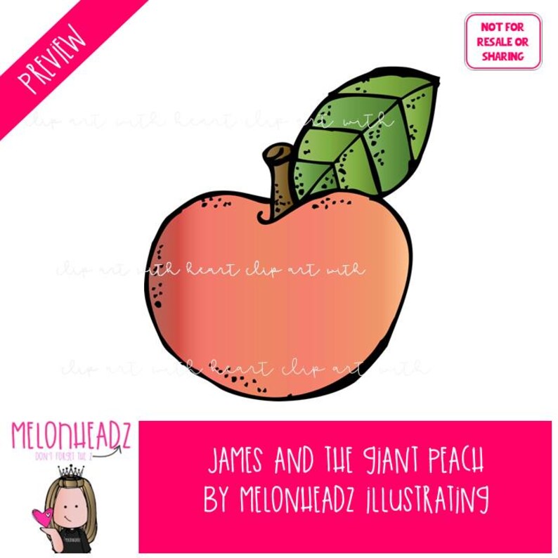 May include: A cartoon illustration of a peach with a green leaf. The peach is a gradient of orange and pink with black outlines. Text in the image reads "JAMES AND THE GIANT PEACH BY MELONHEADZ ILLUSTRATING."