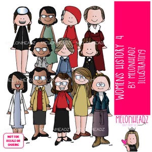 以下が含まれることがあります： 歴史上の12人の女性を描いたイラスト。それぞれがユニークな服装と髪型をしています。女性たちは、明るい色とシンプルな線で描かれた漫画風です。画像の右側に「Women's History 4 by Melonheadz Illustrating」というテキストがあります。