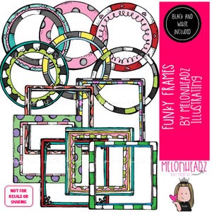 Op de afbeelding: Een verzameling kleurrijke, grillige frames in verschillende vormen en maten. De frames hebben stippen, strepen en decoratieve randen. Tekst op de afbeelding luidt "FUNKY FRAMES BY MELONHEADZ ILLUSTRATING" en "BLACK AND WHITE INCLUDED".