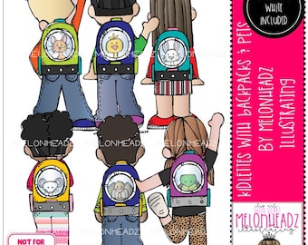 Kidlettes with backpacks and pets clip art digi stamp Mini