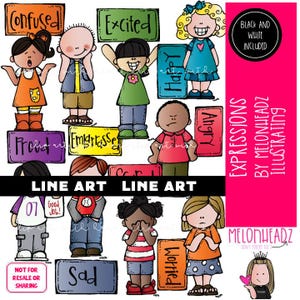Clip-art expressies Emoties clipart gevoelens clipart LINE ART en zwart-wit