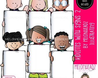 May include: A digital illustration featuring six diverse cartoon children, each holding a large blank white rectangular sign. The image includes text reading Kidlettes with Signs 2 by Melonheadz Illustrating and Black and White Included.