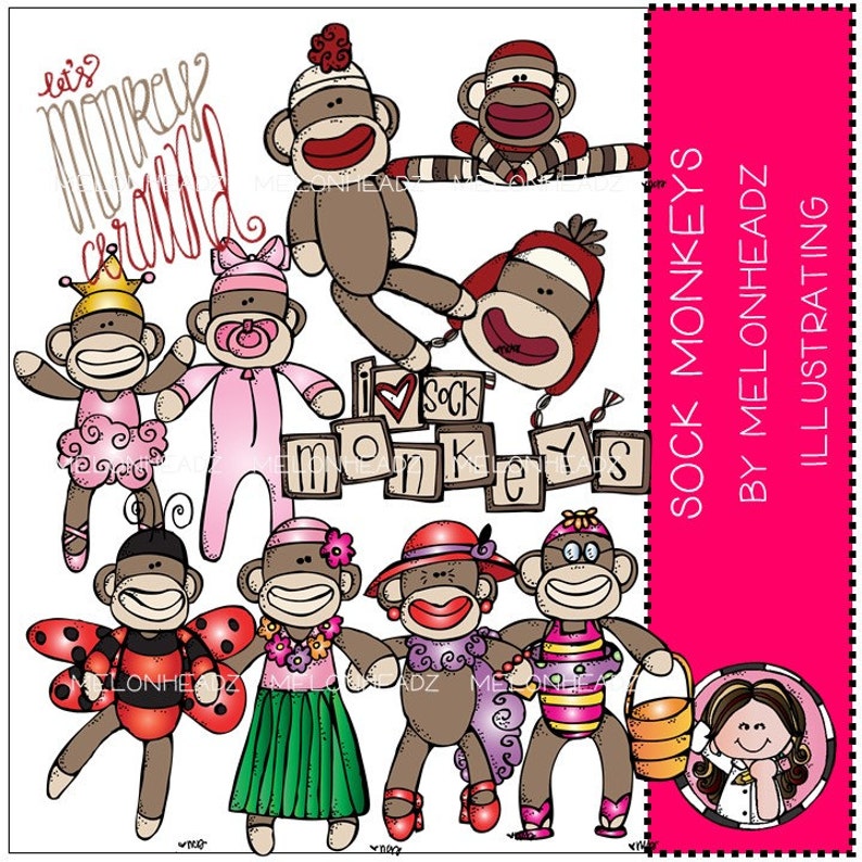 Pu&ograve; includere: Un set di 10 illustrazioni colorate di scimmie di calzini. Le scimmie indossano abiti diversi, tra cui un costume da ballerina, una gonna hula, un costume da coccinella e un costume da bagno. Il testo "Let's monkey around" &egrave; nella parte superiore dell'immagine. Il testo "Sock Monkeys by Melonheadz Illustrating" &egrave; sul lato destro dell'immagine.