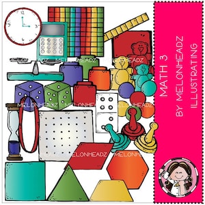 Puede incluir: Un conjunto colorido de manipulativos matemáticos para la educación de la primera infancia. El conjunto incluye un reloj, dados, dominós, un marco de conteo, una balanza, osos de peluche y formas geométricas. El texto "Math 3" y "By Melonheadz Illustrating" es visible en el lado derecho de la imagen.