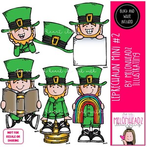 May include: A set of five cartoon leprechaun illustrations. The leprechauns are wearing green hats and green suits. They are holding a book, a rainbow, a pot of gold, and a blank sign. The text "Leprechaun Mini #2 by Melonheadz Illustrating" is in the top right corner of the image.