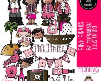 Pink Pirates clip art, girls, treasure chest Combo Pack