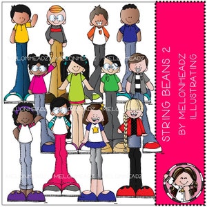 Puede incluir: Ilustración de un grupo de niños con piernas largas y ropa colorida. Los niños están de pie en fila, y la imagen se titula "String Beans 2 by Melonheadz Illustrating".