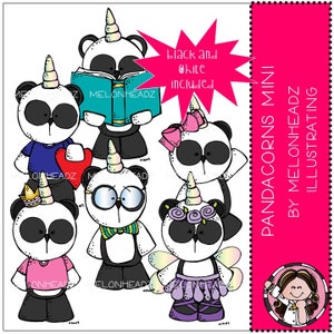 Peut inclure: Ensemble de six illustrations de pandas licornes en noir et blanc. Chaque panda a une corne de licorne et différents accessoires, dont un livre, des lunettes, un cœur, une couronne, des fleurs et un tutu. Le texte "PANDACORNS MINI BY MELONHEADZ ILLUSTRATING" est sur le côté droit de l'image.