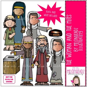 Puede incluir: Un conjunto de ilustraciones en blanco y negro que representan una historia bíblica. Las ilustraciones presentan personas con vestimenta tradicional, incluyendo una mujer con una bolsa de monedas, un hombre con un bastón y un hombre con una moneda. El texto "La mujer y las mites" está incluido en la imagen.