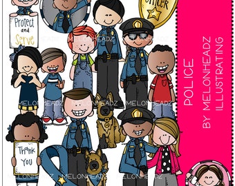 May include: A set of colorful cartoon illustrations featuring police officers, children, and dogs. The illustrations include the words "Protect and Serve", "Officer", and "Thank You".
