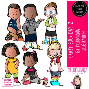 May include: A digital illustration featuring seven cartoon figures, each wearing colorful, patterned socks. The characters are diverse in appearance and clothing. The image includes text that reads "Crazy Sock Day 2 by Melonheadz Illustrating."