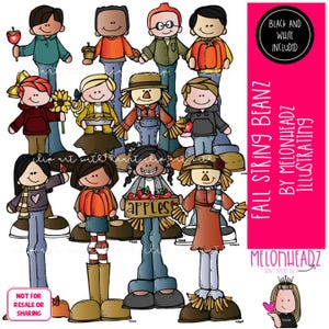 May include: A digital illustration featuring cartoon figures in fall attire. The characters are holding items like apples, sunflowers, and acorns. The image includes text that reads "Fall String Beanz" and "Black and White Included."