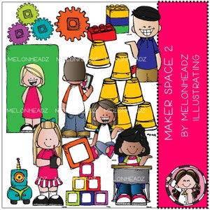 Puede incluir: Ilustraciones de dibujos animados de niños que participan en diversas actividades en un espacio de creación. Las ilustraciones incluyen niños construyendo con bloques, jugando con engranajes y usando un robot. El texto "Maker Space 2" está escrito en una pancarta rosa. El texto "By Melonheadz Illustrating" está escrito en una pancarta rosa.