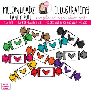 Op de afbeelding: Illustratie van kleurrijke snoeprollen met hartjes. De afbeelding bevat de tekst "MELONHEADZ CANDY ROLL ILLUSTRATING single image clip art". De snoeprollen hebben verschillende kleuren, waaronder groen, bruin, oranje, roze, geel, rood, grijs en paars.