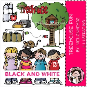 Treehouse fun clip art - BLACK AND WHITE