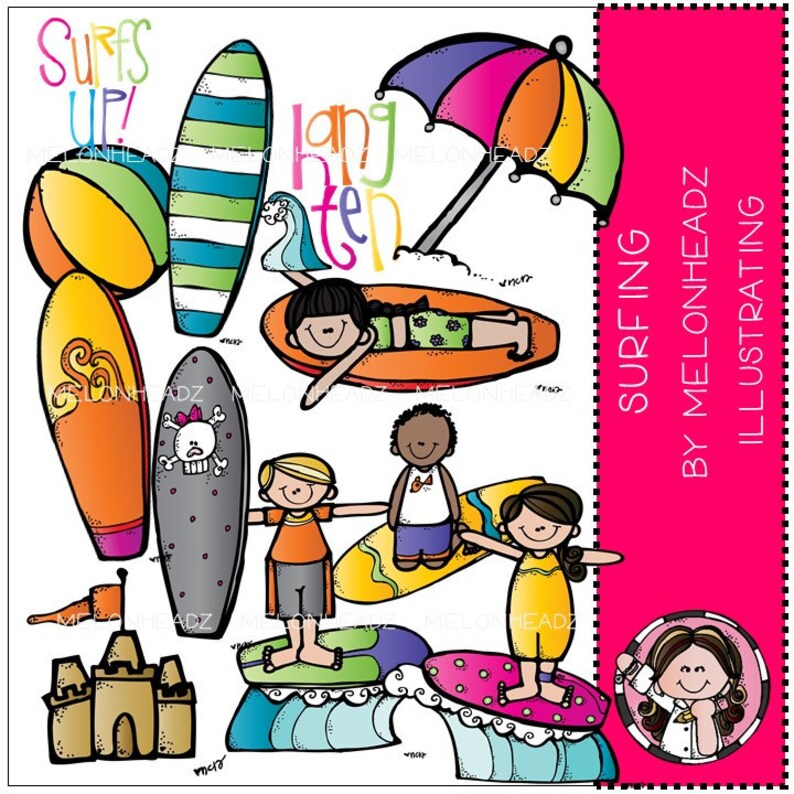 May include: A set of colourful clip art images featuring children surfing, a beach umbrella, a sandcastle, and a beach ball. The text "Surfs Up!" and "Hang Ten" are included in the image.