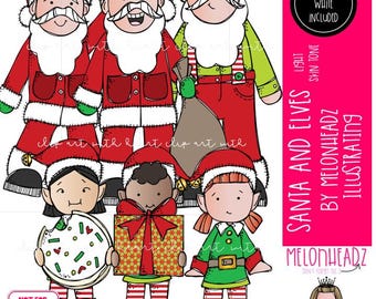 Puede incluir: Ilustración de dibujos animados de Papá Noel y elfos. Papá Noel viste un traje rojo con detalles blancos, los elfos llevan trajes verdes y rojos. Un elfo sostiene un regalo, otro una galleta. La imagen incluye el texto "Santa and Elves".