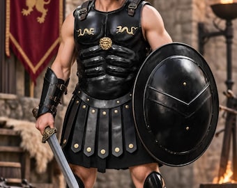 Black Roman Spartan Warrior Armor Set, Gladiator Cosplay, LARP Costume (Helmet, Shield)