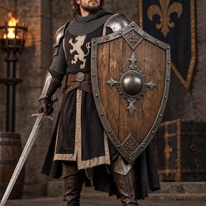 Pode incluir: Um guerreiro vestido com roupas de estilo medieval em preto e bege, com uma coifa de cota de malha, armadura de metal nos ombros e braços, e botas de couro marrom. O guerreiro segura uma longa espada de metal e um grande escudo de madeira.