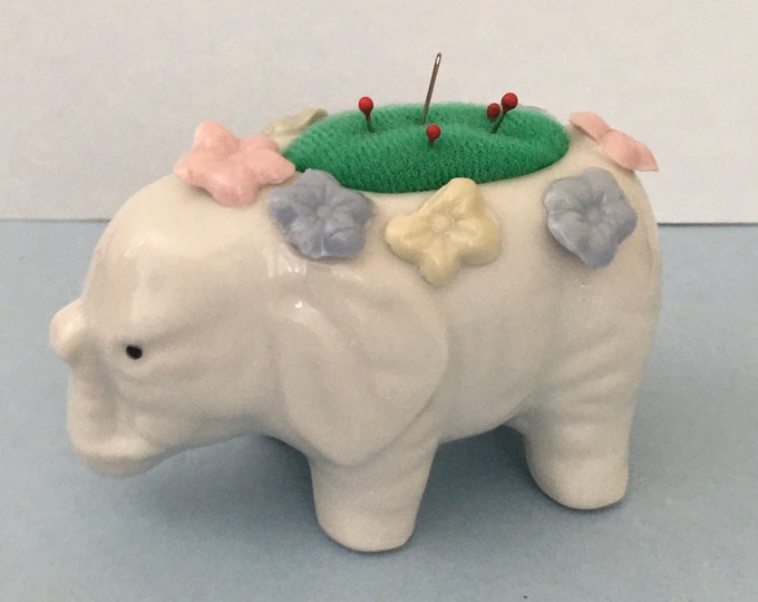 Sewing Room Decor, Vintage Ceramic Elephant Pincushion Japan Figural Pincushion Sewing Notions Needle Holder