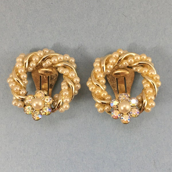 Vintage Kramer Earrings, Faux Pearl and AB Rhinestone Wreath Clip On Retro 1960's Jewelry Classic,  Wedding Jewelry, Costume Earrings