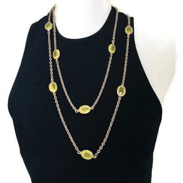 Vintage Faux Peridot Green and Gold Tone Station Necklace, Long with Diamond Cut Cable Chain, Layering Necklace