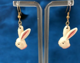 Vintage Bunny Earrings , Spring, Easter,  Hand Painted Rabbit Earrings , Pink and White, Dangle Earrings, Cottagecore, Retro, Kitsch