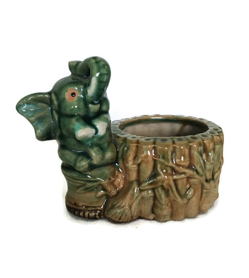 Mid Century Pottery Bamboo Succulent Planter Majolica Indoor Gardening Vintage Planter Ceramic Elephant Figurine