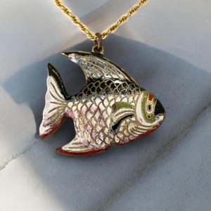 Vintage Cloisonne Puffy Tropical Fish Enamel Pendant Necklace