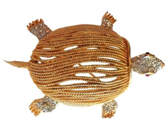 Vintage Craft Turtle Brooch Gold Tone Red Rhinestone Eyes Retro Figural Pin