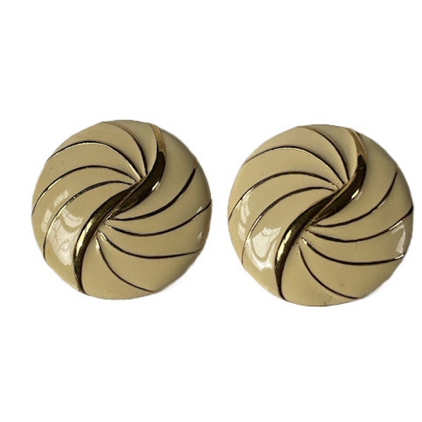 Vintage 1980s, NAPIER ,Gold Tone, Cream, Enamel ,Swirl ,Round Earrings ,Large ,Neutral, Retro , Coordinates , Beige