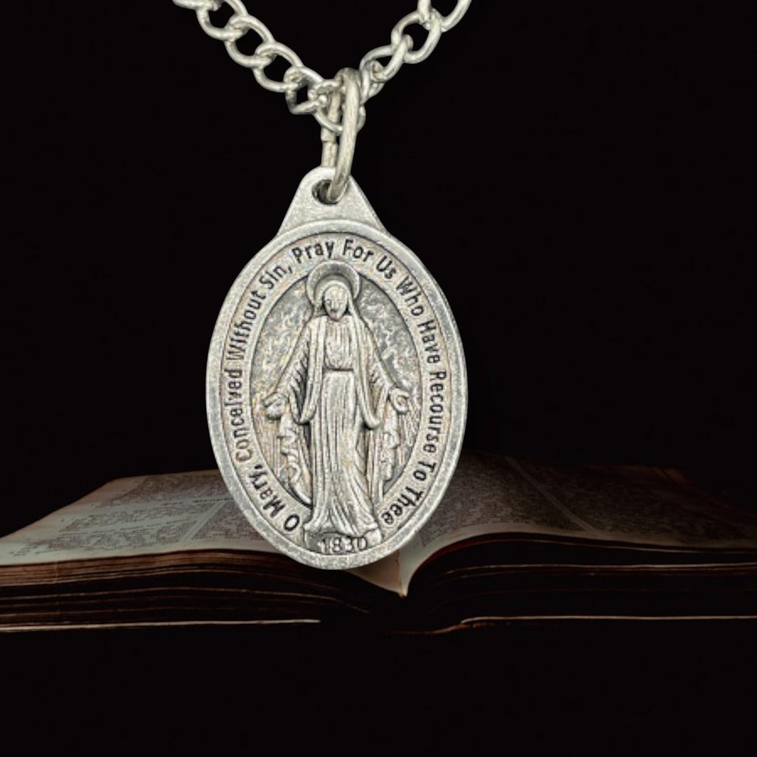 Vintage Miraculous Medal Virgin Mary Silver Tone Pendant Necklace 20in ...