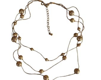Vintage Gold Plated Filigree Ball Station Necklace, 3 Strand Necklace