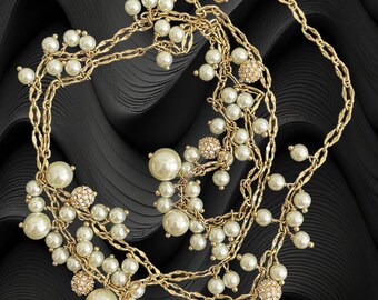 J Crew ,Gold tone, Faux Pearl ,Dangle ,Long Necklace , Clusters, Chunky Layering, Modern Pearls,