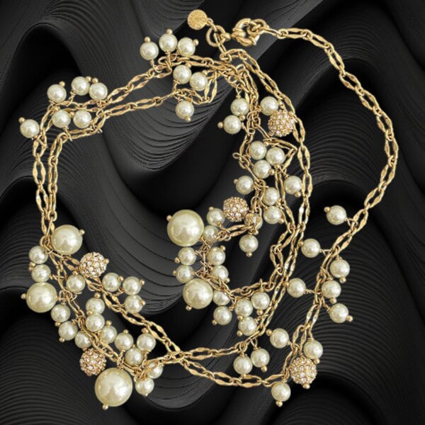 J Crew ,Gold tone, Faux Pearl ,Dangle ,Long Necklace , Clusters, Chunky Layering, Modern Pearls,