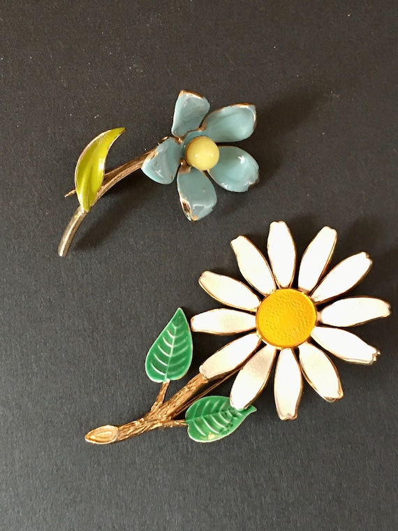 Vintage Enamel Flower Brooches, Set of 2, Blue Ena