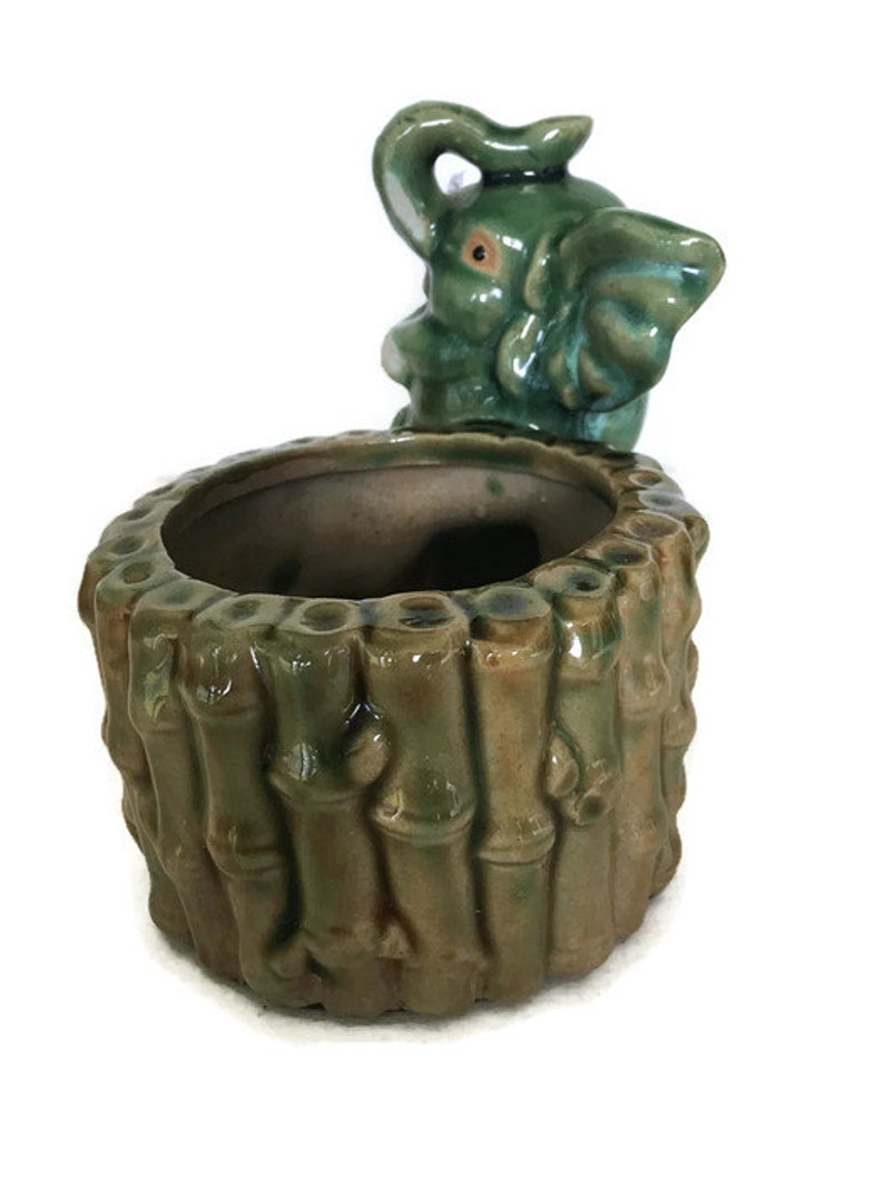 Mid Century Pottery Bamboo Succulent Planter Majolica Indoor Gardening Vintage Planter Ceramic Elephant Figurine