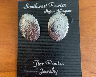 Southwestern Pewter Earrings Hypoallergenic Pierced Concho Design Cowgirl  bohocore