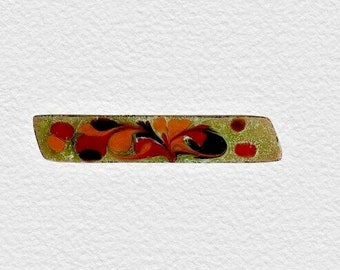 Small Mid Century Copper Enamel Bar Pin Retro Artisan Hand Crafted Orange Green Floral