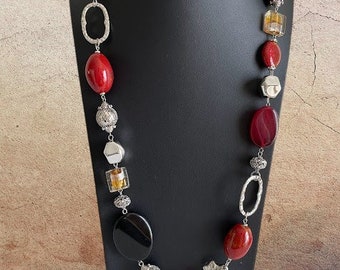 Premier Designs Chunky Vintage Silver Tone Red Black Stones Long Retro Necklace, Bohochic, Layering 1990s