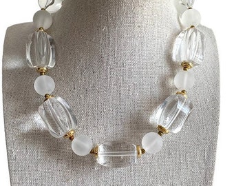 Vintage Chunky Statement Necklace Clear Ice Cube & Frosted Lucite Beads Retro