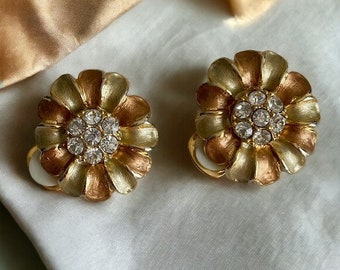 VTG Gold and Bronze Tone Sunflower Rhinestone Earrings Retro Clip-on Bold Flower