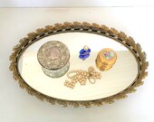 Vintage Gold Filigree Vanity Tray Mirror,Large Metal Tray, Hollywood Regency, French Provincial, Patina